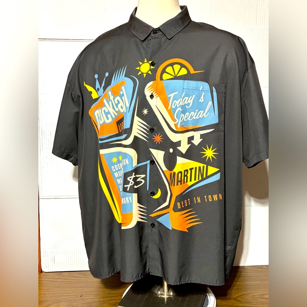 HARDADDY 4XL Black Graphic Shirt what are today’s drink specials? 31”L 30” p2p